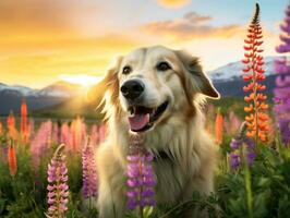 Curious dog exploring a field of blooming wildflower AI Generative photo