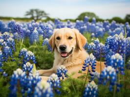 Curious dog exploring a field of blooming wildflower AI Generative photo