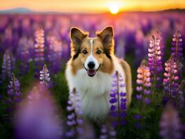 Curious dog exploring a field of blooming wildflower AI Generative photo