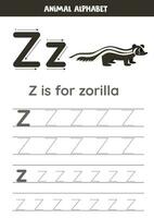 Tracing alphabet letters for kids. Animal alphabet. z is for zorilla. vector