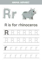 Tracing alphabet letters for kids. Animal alphabet. R is for rhinoceros. vector