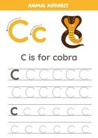 Tracing alphabet letters for kids. Animal alphabet. c is for cobra. vector