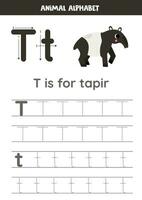 Tracing alphabet letters for kids. Animal alphabet. T is for tapir. vector