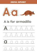 rastreo alfabeto letras para niños. animal alfabeto. un es para armadillo. vector