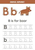 Tracing alphabet letters for kids. Animal alphabet. B is for boar. vector