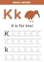 rastreo alfabeto letras para niños. animal alfabeto. k es para kiwi pájaro vector