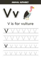 Tracing alphabet letters for kids. Animal alphabet. V is for vulture. vector