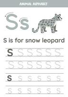 Tracing alphabet letters for kids. Animal alphabet. S is for snow leopard. vector