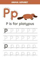 Tracing alphabet letters for kids. Animal alphabet. P is for platypus. vector