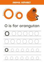 Tracing alphabet letters for kids. Animal alphabet. O is for orangutan. vector