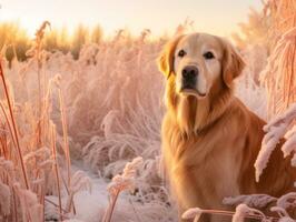 Dog during a winter walk AI Generative photo