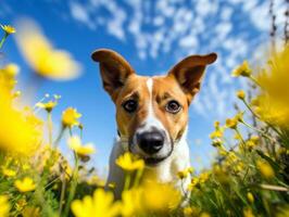 curioso perro explorador un campo de floreciente flor silvestre ai generativo foto