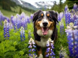 curioso perro explorador un campo de floreciente flor silvestre ai generativo foto