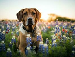 curioso perro explorador un campo de floreciente flor silvestre ai generativo foto