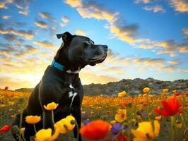 Curious dog exploring a field of blooming wildflower AI Generative photo