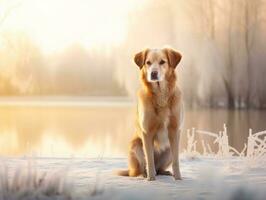 Dog during a winter walk AI Generative photo