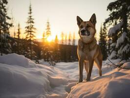 Dog during a winter walk AI Generative photo