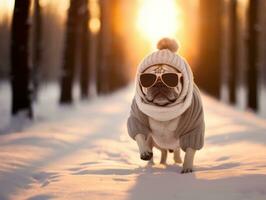Dog during a winter walk AI Generative photo