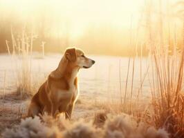 Dog during a winter walk AI Generative photo