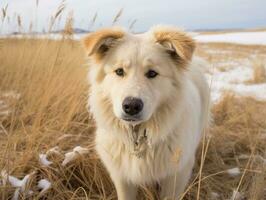 Dog during a winter walk AI Generative photo