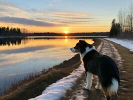 Dog during a winter walk AI Generative photo