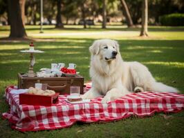 mullido perro sentado en un vistoso picnic cobija ai generativo foto