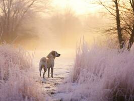 Dog during a winter walk AI Generative photo