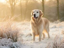 Dog during a winter walk AI Generative photo