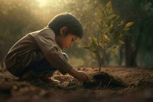 niño plantando pequeño árbol parque. generar ai foto