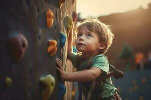 Child rock climbing indoor safety wall. Generate Ai photo