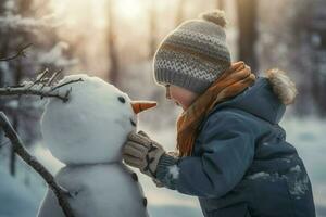 Child make winter snowman. Generate Ai photo