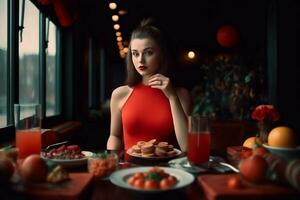 morena mujer en rojo vestir comiendo cena en restaurante. generar ai foto