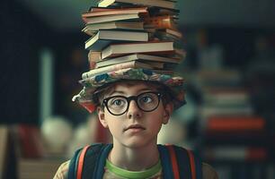 estudiante en lentes participación libros a cabeza. generar ai foto