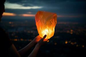 Sky lantern hand. Generate Ai photo