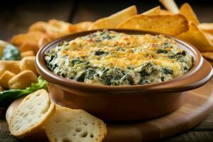 Spinach dip baked bowl closeup. Generate Ai photo