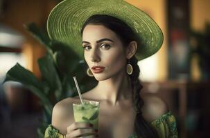 Woman holds refreshing drink. Generate Ai photo