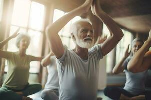 Active elderly people yoga zen workout. Generate Ai photo