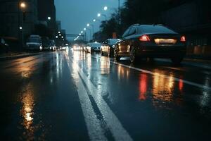 Wet asphalt night road scene. Generate Ai photo
