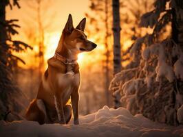 Dog during a winter walk AI Generative photo