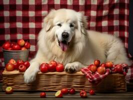 mullido perro sentado en un vistoso picnic cobija ai generativo foto