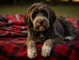 Fluffy dog sitting on a colorful picnic blanket AI Generative photo