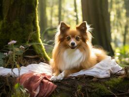 Fluffy dog sitting on a colorful picnic blanket AI Generative photo