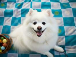 Fluffy dog sitting on a colorful picnic blanket AI Generative photo