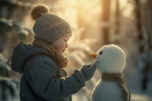 Child make winter clothes snowman. Generate Ai photo