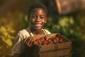 Smiling african boy with strawberry box. Generate Ai photo