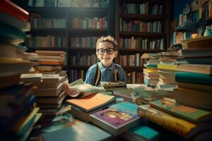 niño muestra libros en librería. generar ai foto