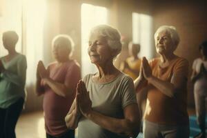 Active elderly people yoga indoor senior. Generate Ai photo