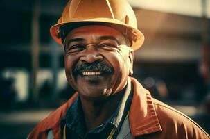sonrisa construcción trabajador en casco a noche puesta de sol. generar ai foto