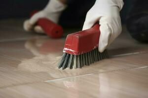 Hand brushes kitchen floor. Generate Ai photo