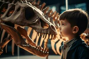 Child look at dino skeleton museum. Generate Ai photo